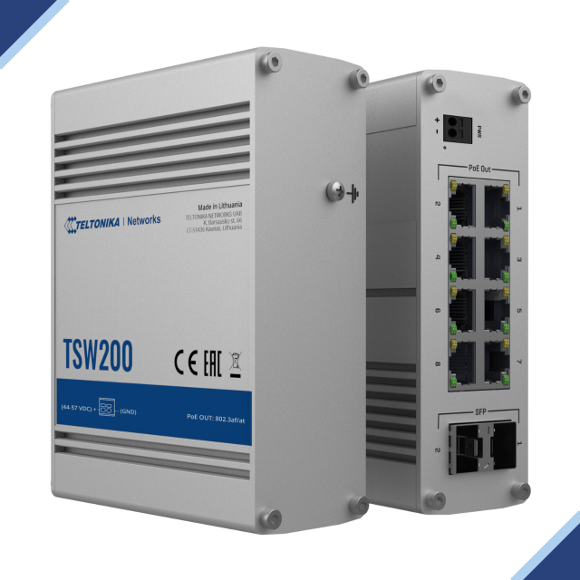 Teltonika TSW200: Unmanaged Industrial Active PoE+ 8-port Switch With Two (2) SFP Ports